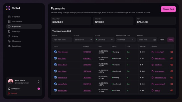 Slotted payments screen showing collected, refunded, net, and transactions