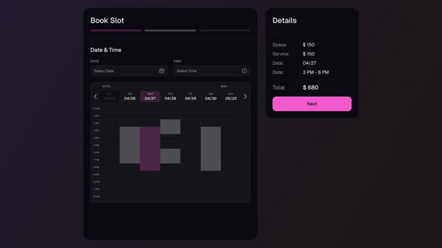 Slotted public booking flow showing date and time selection